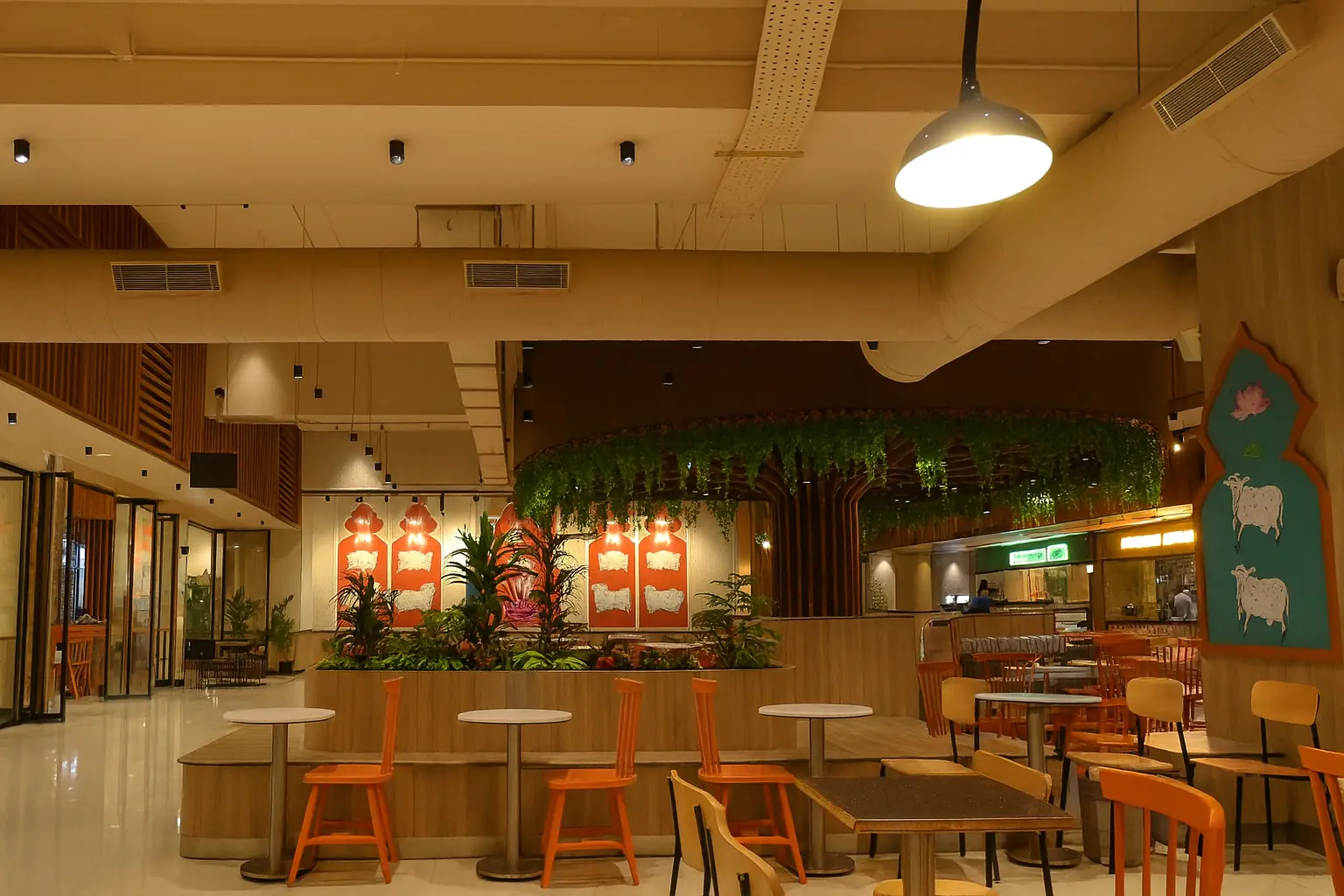 Serene interior ambience of Annakoot Restaurant inside Vrindavan Chandrodaya Mandir in Vrindavan