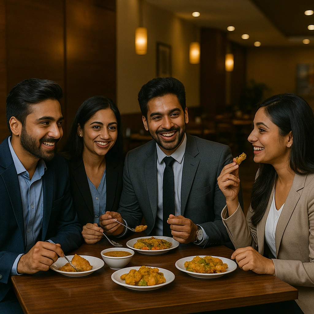 Corporate team lunch at Annakoot Restaurant with clean sattvik dining and professional ambience.