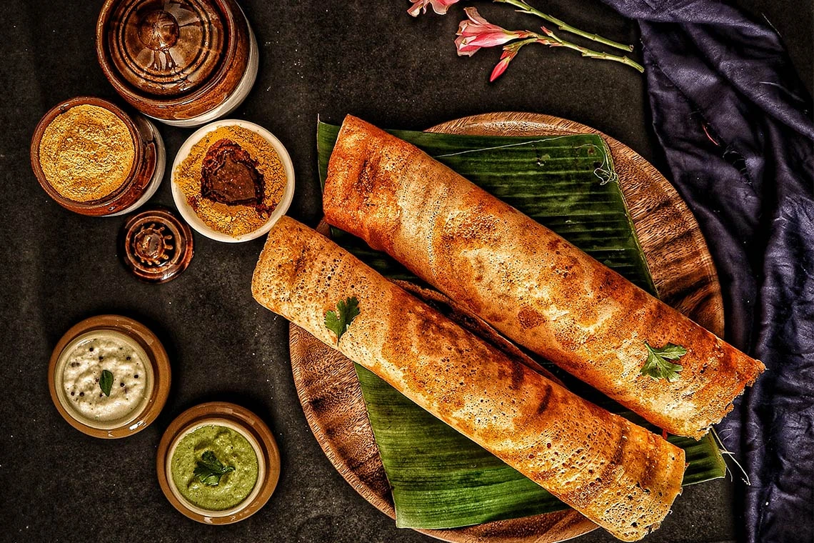 South Indian sattvik dishes including dosa, idli and sambhar served at Annakoot Restaurant in Vrindavan
